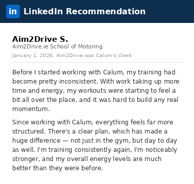 LinkedIn recommendation from Aim2Drive S., Aim2Drive.ie School of Motoring