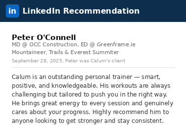 LinkedIn recommendation from Peter O'Connell, MD at OCC Construction — Mountaineer, Trails & Everest Summiter