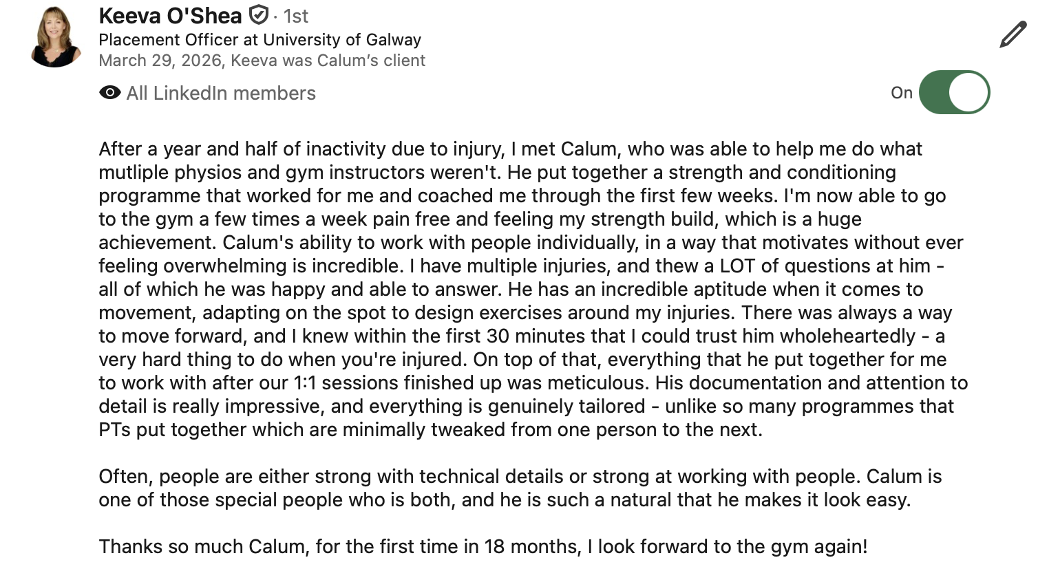 LinkedIn recommendation from Keeva O'Shea, Placement Officer at University of Galway