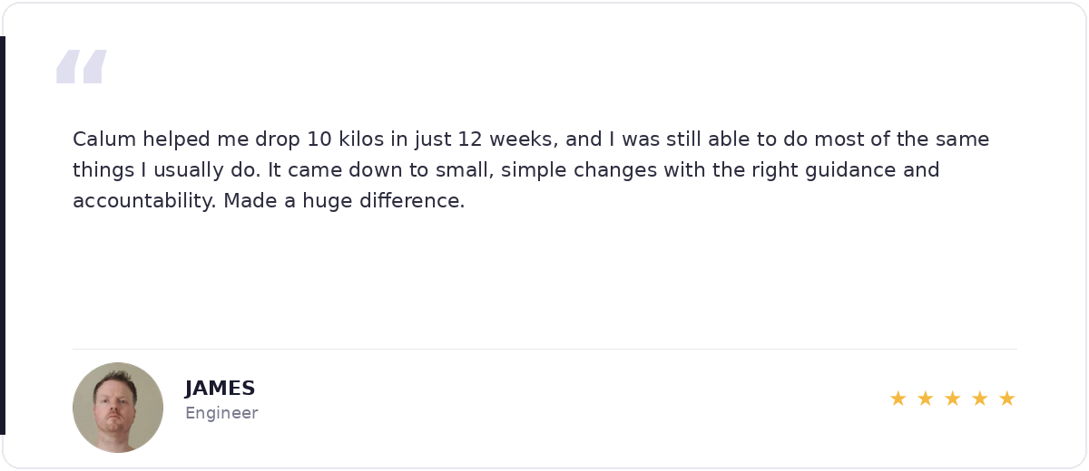 5-star review from James, Engineer — Calum helped me drop 10 kilos in just 12 weeks while still doing most of the same things I usually do.
